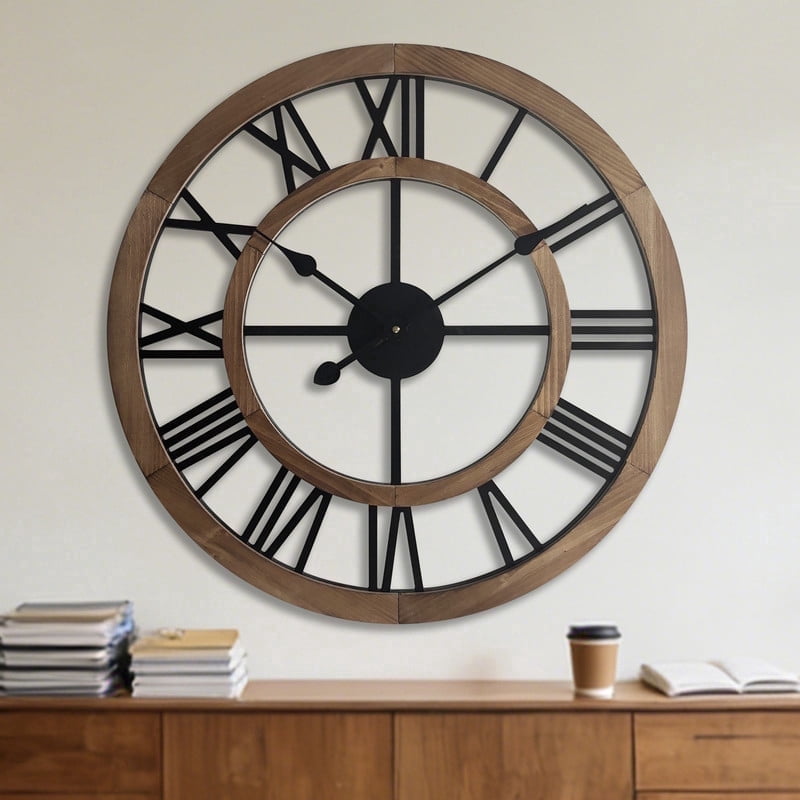 24 Inch Large Rustic Wall Clock Silent Non-Ticking Wooden Wall Clocks with Roman Numerals Farmhouse Decorative Clock for Living Room Bedroom Office