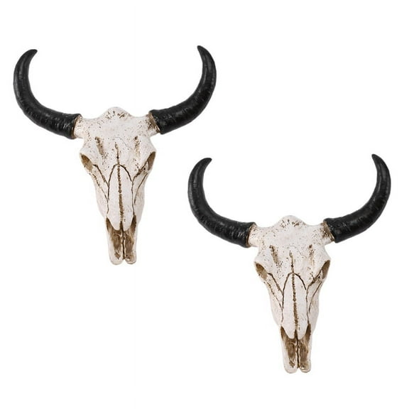 2X Resin Cow Skull Wall Hanging Decor 3D Animal Wildlife Sculpture Figurines Crafts Horns for Home Decor
