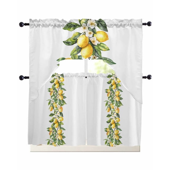Yellow Lemon Swag Kitchen Curtains Sets for Windows 24 Inch Length, Simple Spring Botanical Fruit Leaves Flower Short Window Curtain Panels Swags Valances and Tiers 3 Piece Set for Cafe/Dining Room