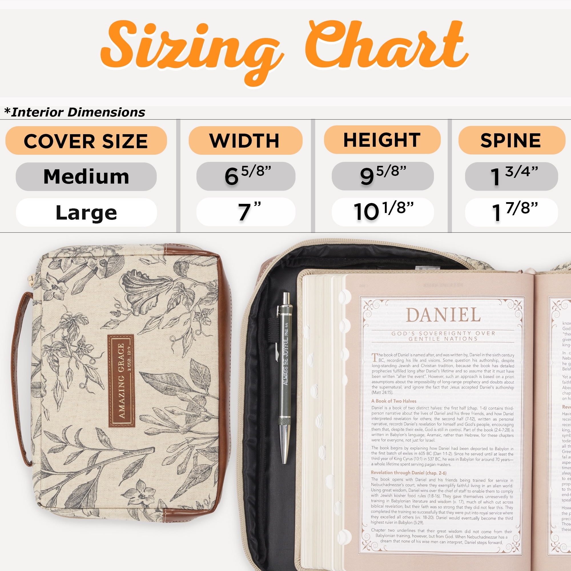 Christian Art Gifts Premium Vegan Leather Fashion Bible Cover for Women: Amazing Grace - 2 Cor. 12 Inspirational Scripture, Sturdy Protective Book Carry Case Bag Accessory, Creamy Brown Floral, Medium