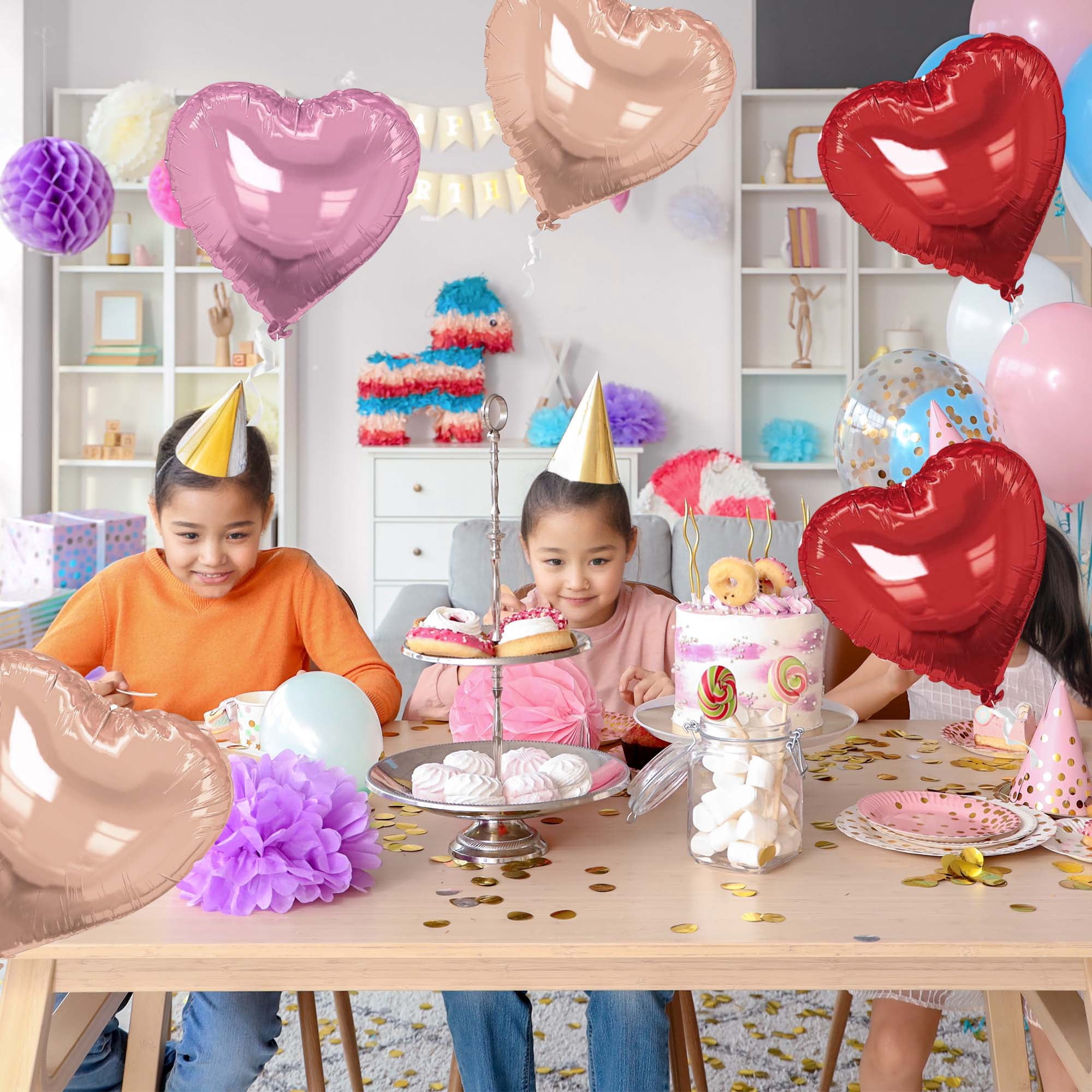 Unique Bargains 10Pcs Helium Balloons with Ribbon Heart Pattern Pink Red Champagne