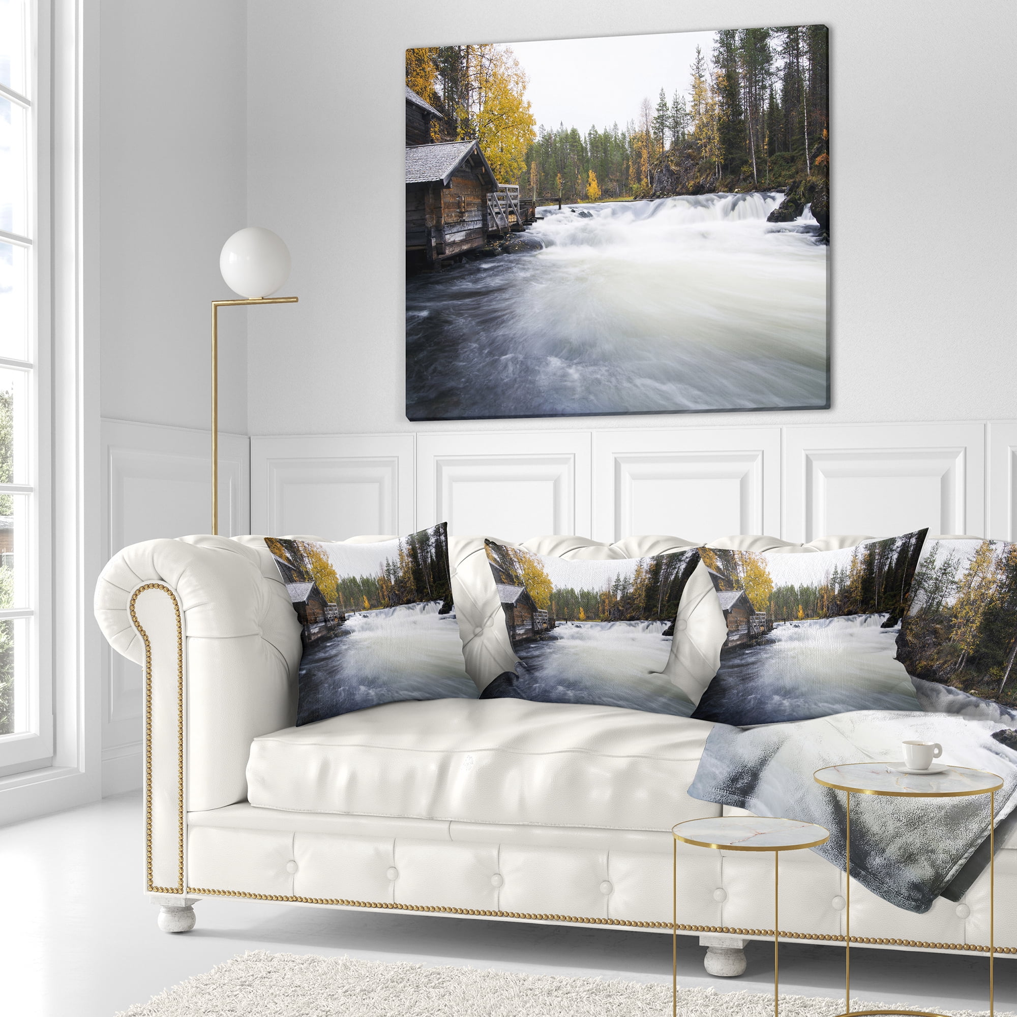 Designart Flowing River and Aged Watermill - Landscape Photography Throw Pillow - 16x16