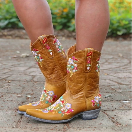 

TALKVE Cowboy Boots For Women Cowgirls Boots Embroidered Retro Shoes Ankle Boots