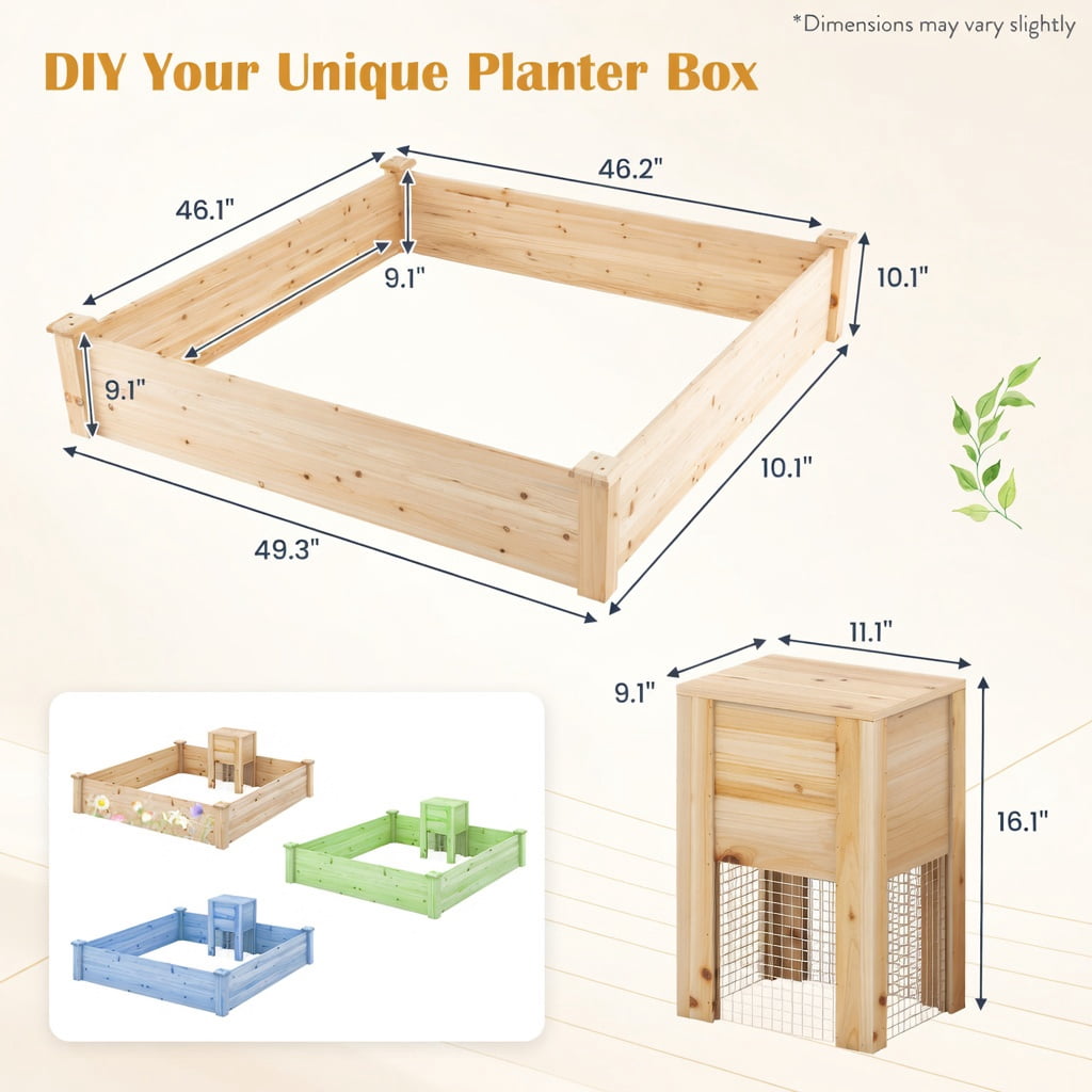 Topcobe 49" x 49" x 10" Raised Garden Bed with Compost Bin and Open-ended Bottom, Planters for Outdoor Plants, Raised Beds for Gardening, Natural