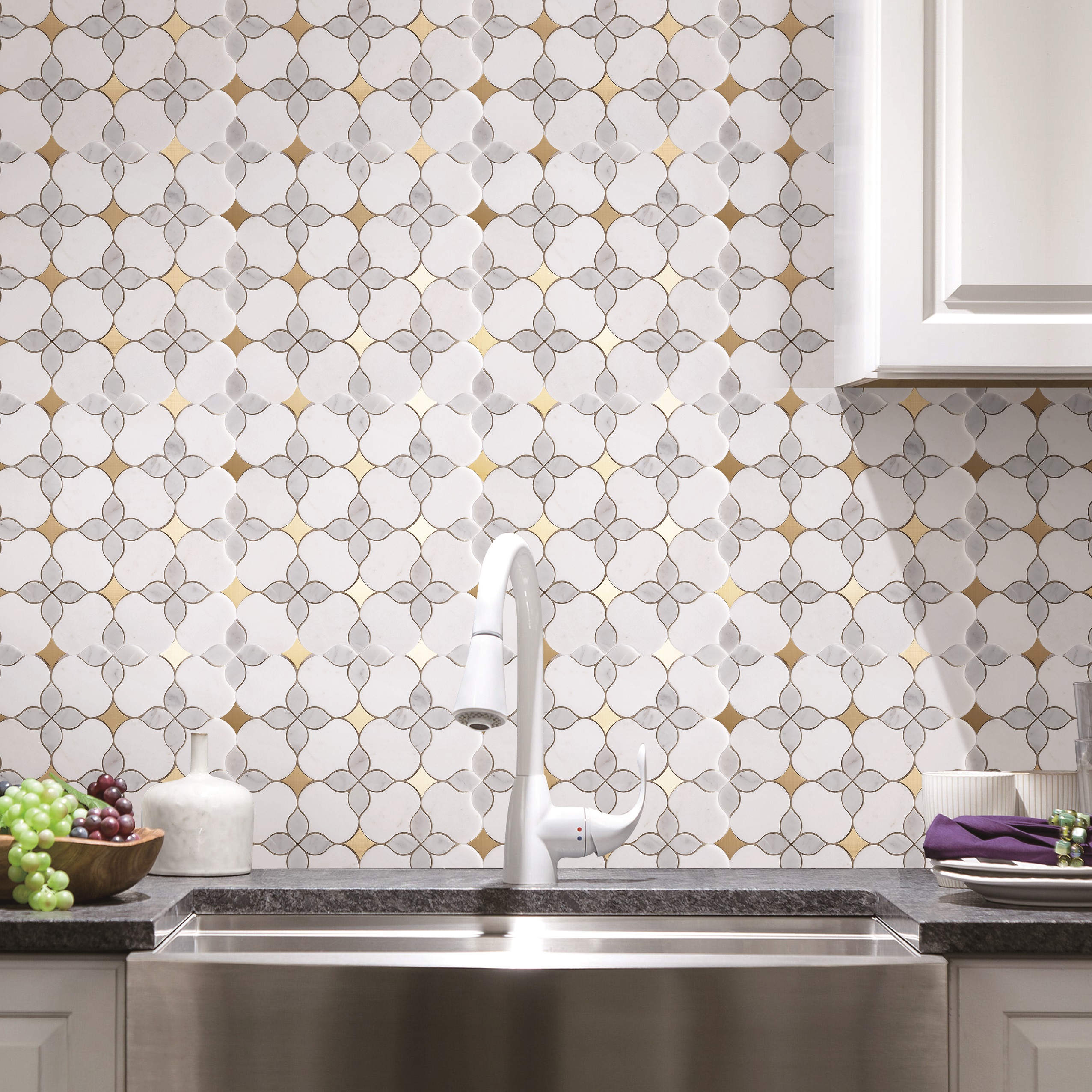 Waterjet Thassos White Marble & Gold Metal Floral Novelty Mosaic Wall & Floor Tile - Case (10 Sheets)