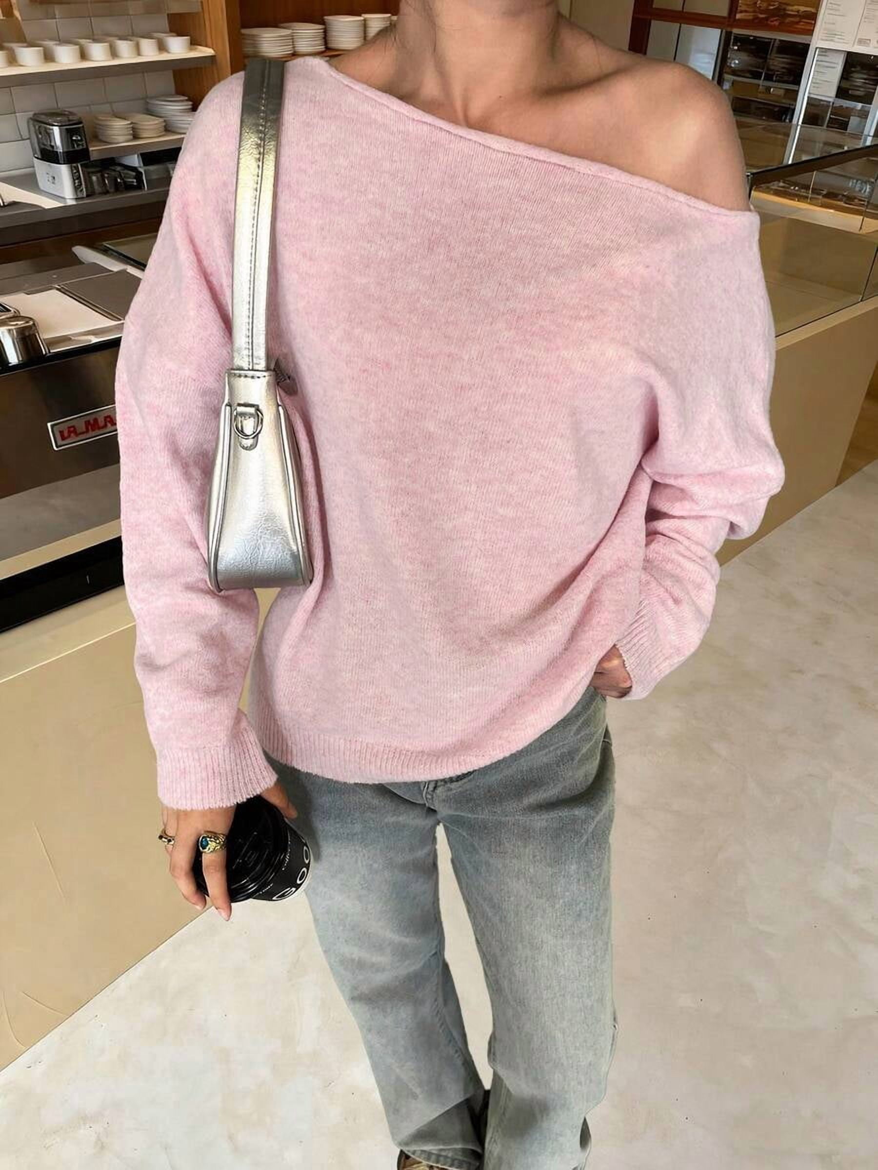 Womens Pink Long Sleeve Off-Shoulder Sweater, Knit Top