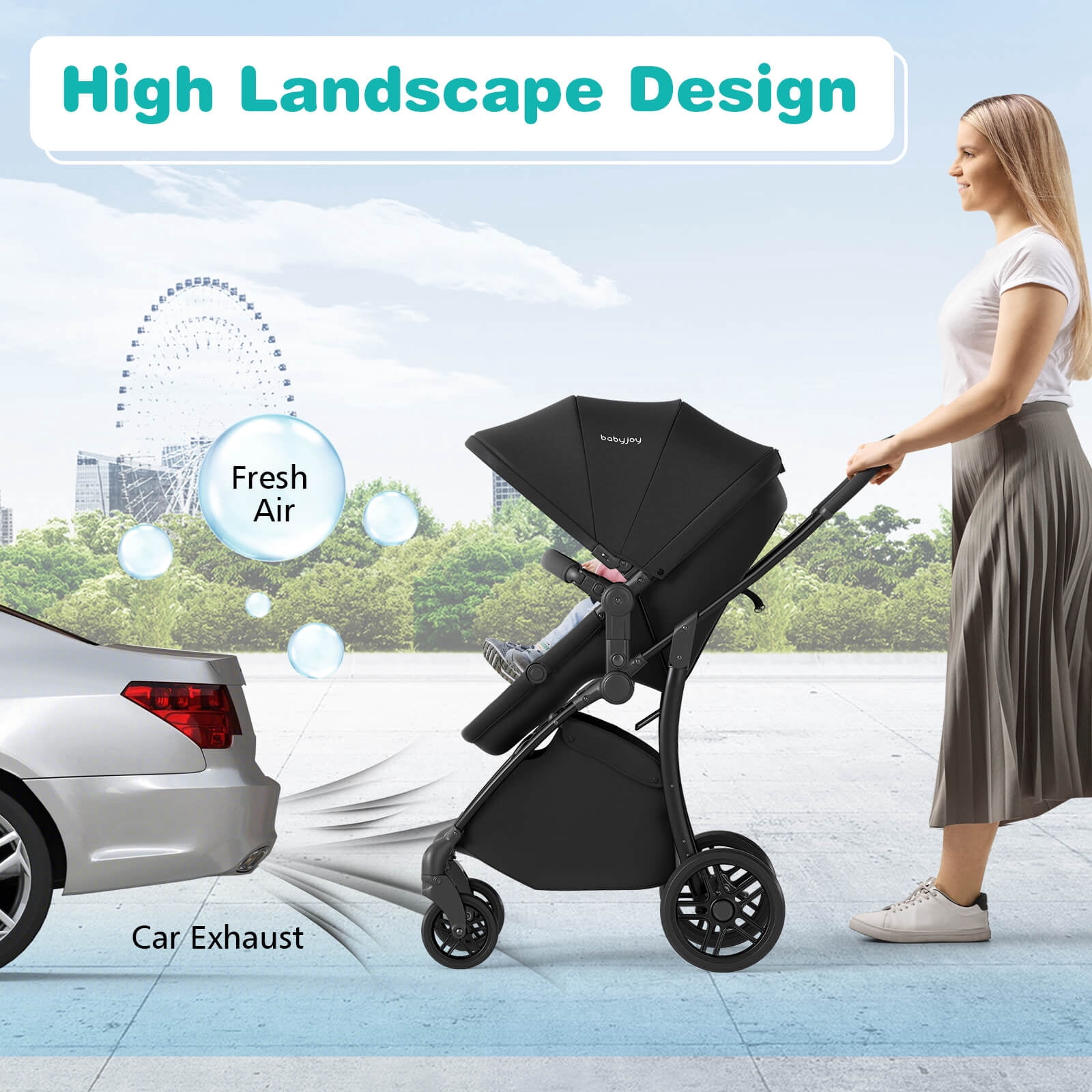 Babyjoy 2 in 1 Baby Stroller Folding High Landscape Pushchair with Bassinet Mode Black