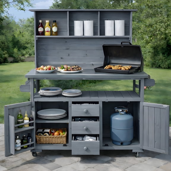 YIYADO 65 Inch Outdoor Garden Potting Bench, Mobile Storage Cabinet Patio Kitchen Island, Gray
