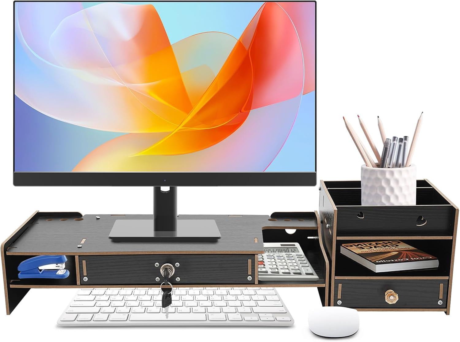 Desktop Organizer Stand for Laptop - Monitor Stand Riser, Computer Monitor Booster Stand, Adjustable Computer Monitor Stand with a Lockable Drawer, for PC, Computer, Printer (Black)