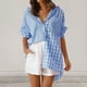 thumbnail image 1 of Camiseta De Gran Tamaño Camisa casual a cuadros para mujer Colorblock Camisa mezclada de algodón Blusas Traje de vacaciones Cgtredaw Azul S para Mujer, 1 of 7