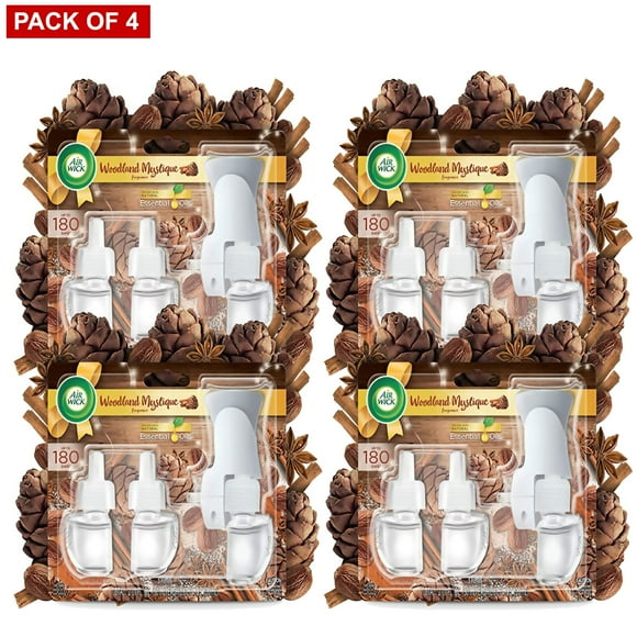Air Wick Plug in Scented Oil Starter Kit + 3 Refills, Woodland Mystique, Fall Scent, Fall Spray, (3x0.67oz), Essential Oils, Air Freshener - PACK OF 4