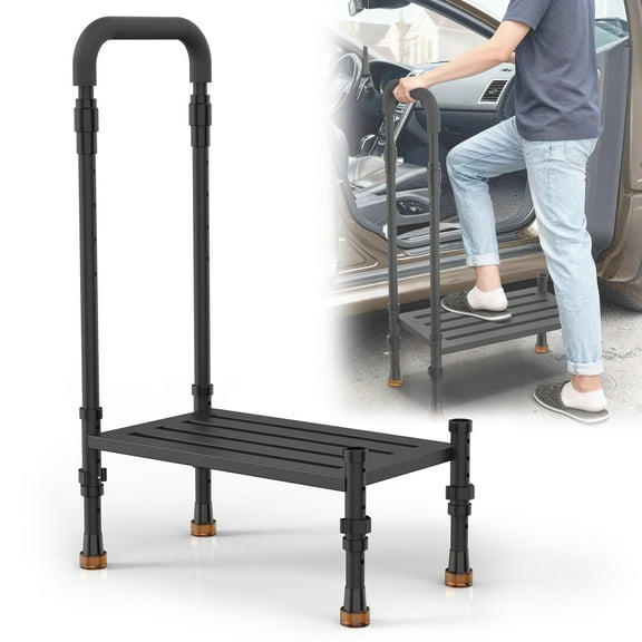 RV Steps with Handrail Adjustable for Both Sides, for Elderly with Wide Platform & Anti-Slip Mats