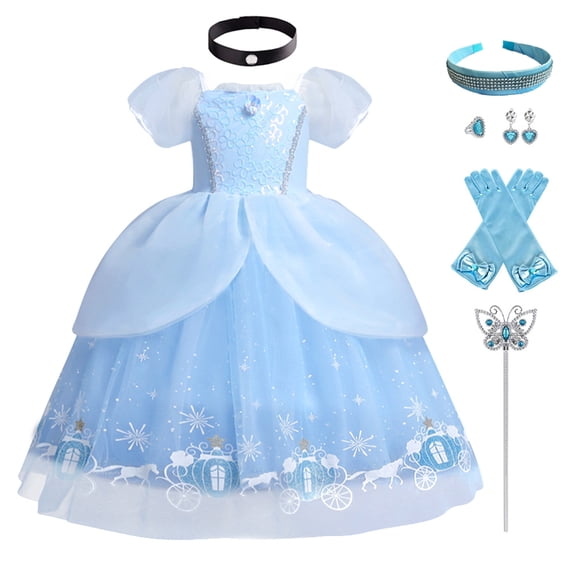 OBEEII Girls Cinderella Short Puff Sleeve Princess Dress with Accessories Cosplay Halloween Christmas Carnival Party Costume Fairy Princess Dress up Birthday Outfit for Child