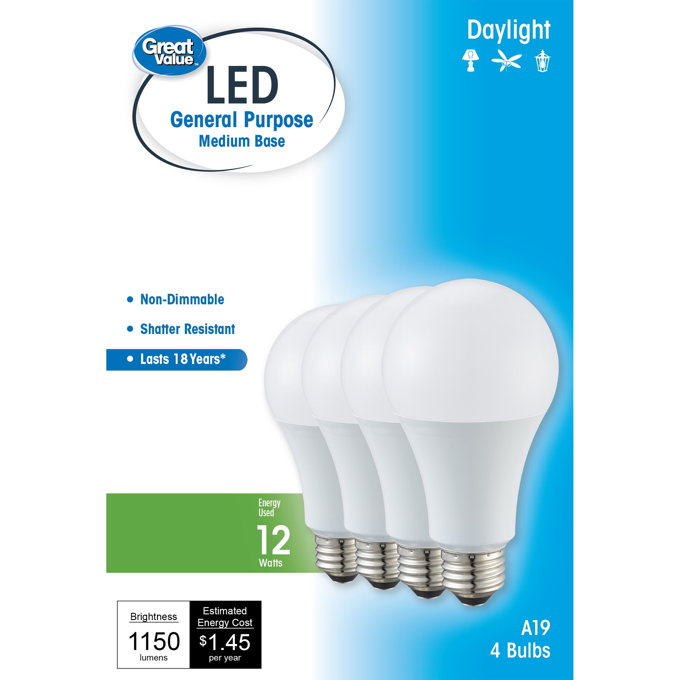 Great Value LED Light Bulb, 12W (75W Equivalent) A19 General Purpose Lamp E26 Medium Base, Non-dimmable, 4-Pack - Walmart.com