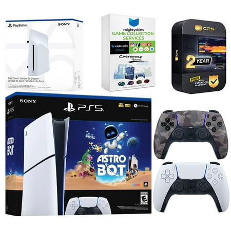 Sony PlayStation 5 Astro Bot Slim Digital Bundle with Disc Drive, Extra Controller, MightySkins Game Collection Services and 2 Year Extended Warranty - Gray Camo