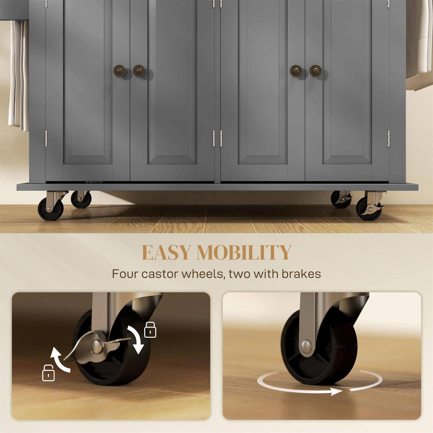 Demi Bonn 43" Rolling Kitchen Island Table Cart with Rubber Wood Top, Drawers, Adjustable Shelves, Spice Rack and Towel Rack for Dining Room, Gray