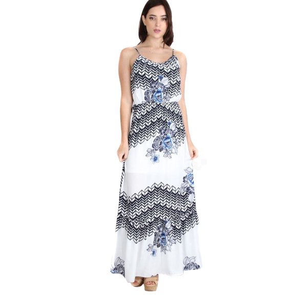 Geometric Floral Multi Print Spring Maxi Dress White - Large