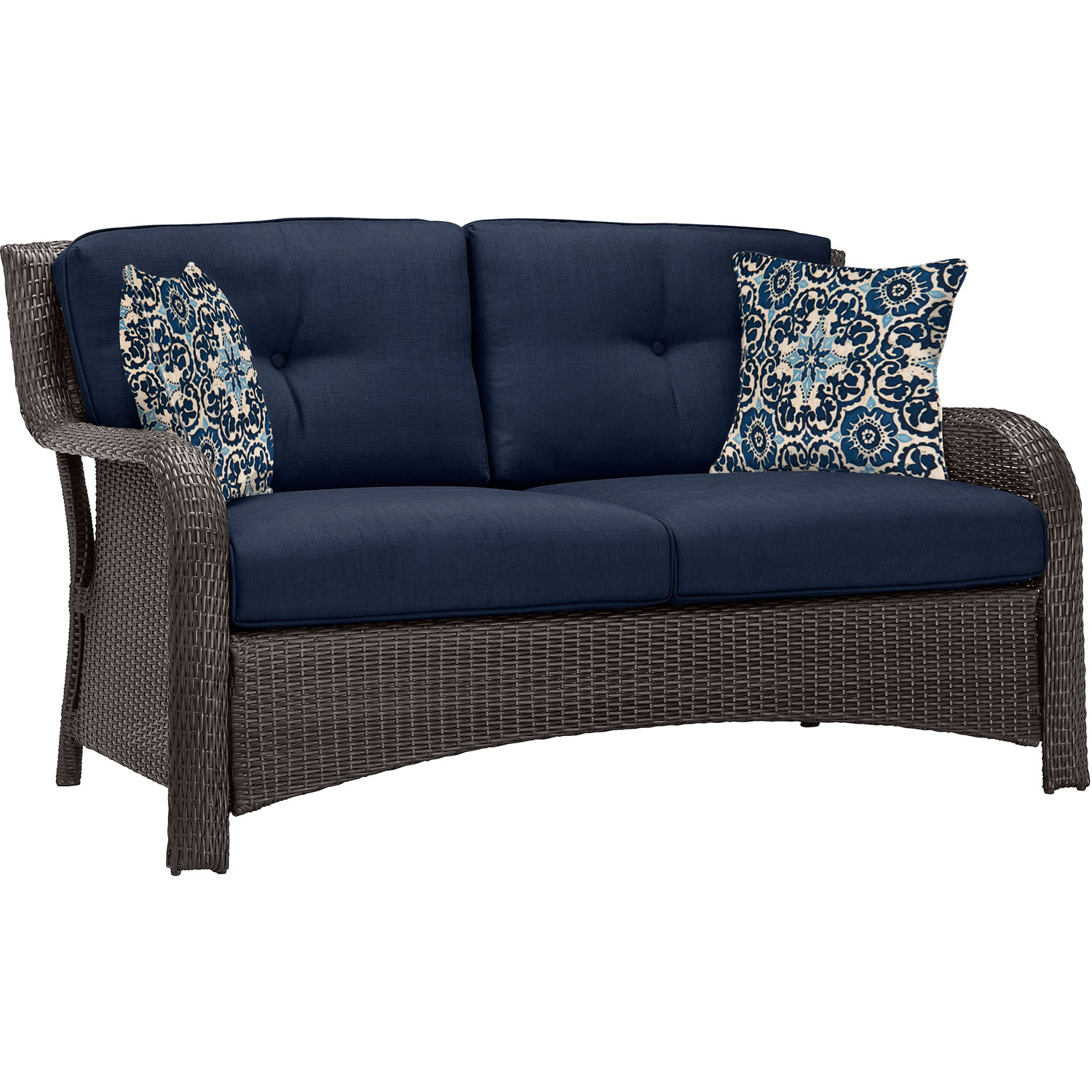Hanover Strathmere 6-Piece Steel Outdoor Patio Deep Seating Set with Brown Wicker, Navy Blue Cushions, 4 Pillows and Glass Top Rectangular Coffee Table, STRATHMERE6PCNVY - image 4 of 18