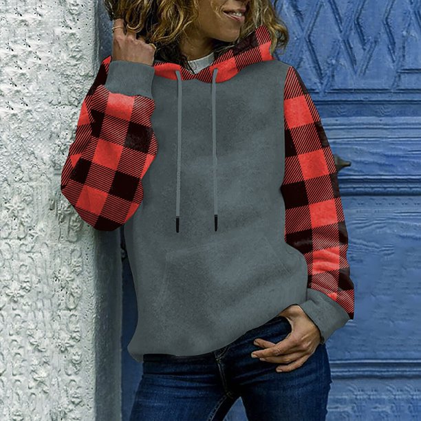 Pntutb Sudaderas con capucha de Navidad para mujer Otoño Invierno Estampado de Navidad Costura a cuadros Sudadera con capucha con bolsillos Pntutb Pntutb-923