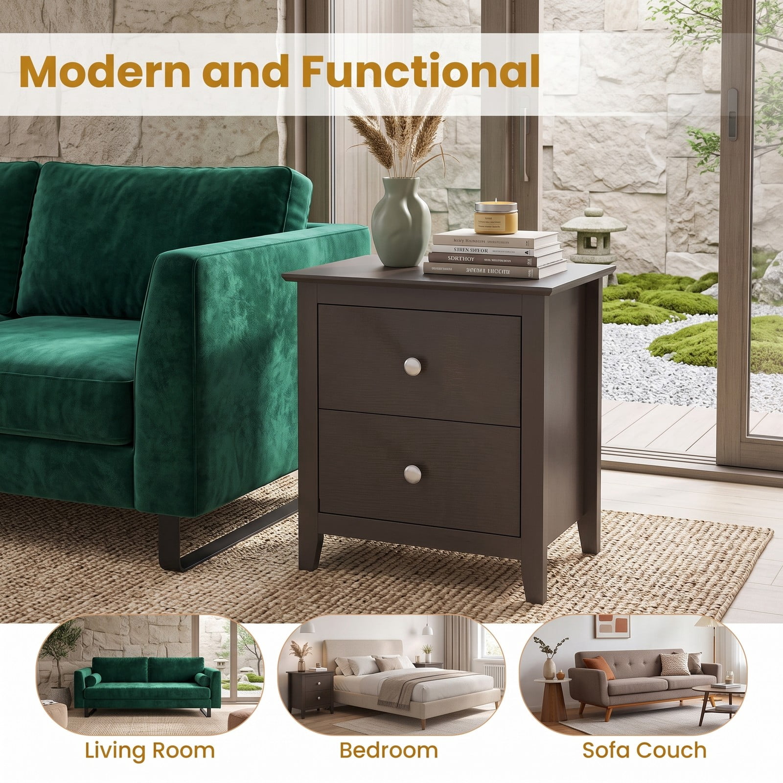Furnibear Modern 2-Drawer Nightstand for Small Spaces with Sleek Metal Handles and Smooth Slides for Bedroom and Living Room, Espresso
