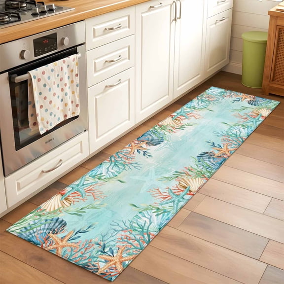 Summer Starfish Coral Runner Rugs 2x6 ft Watercolor Seaweed Ocean Teal Green Washable Hallway Rugs Non-Slip Floor Mats Absorbent Carpet Bedside Runners for Bedroom Kitchen Bathroom Laundry Room