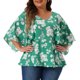 thumbnail image 2 of Blusas de mujer de tallas grandes Agnes Orinda para el Día de San Patricio, con flores, escote en V, de gasa, de manga 3/4, casual de verano, estilo babydoll, verde 2X, 2 of 6