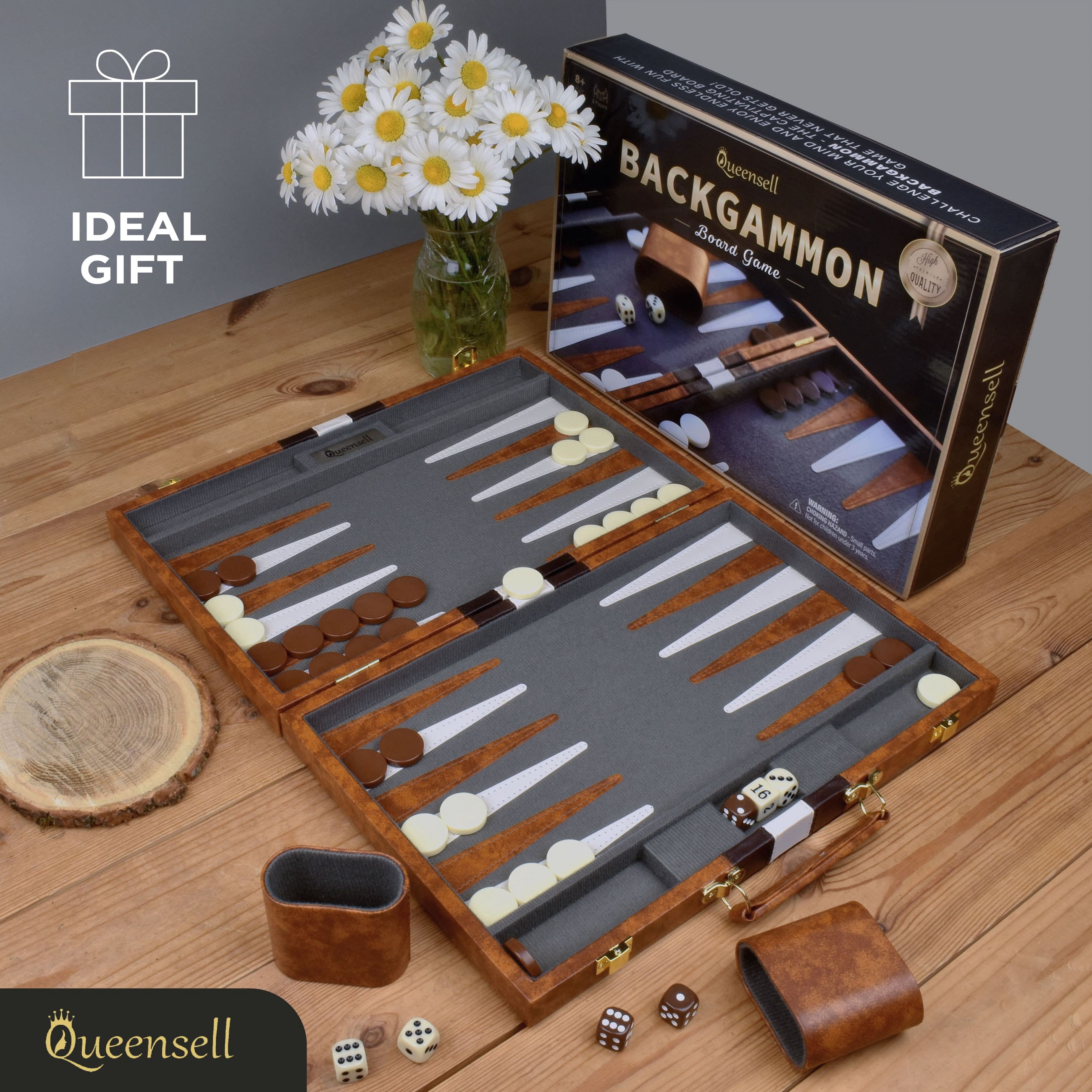 Queensell Backgammon Board Game Set – 15 inch with 32 Pieces in PU Leather Case for Adults and Kids