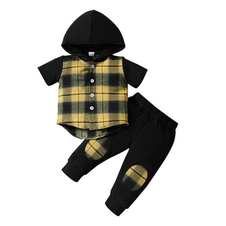 

Toddler Boys Girls Short Sleeve Plaid Prints Hooded Tops T Shirt Pants Outfits Toddler Boy Outfits