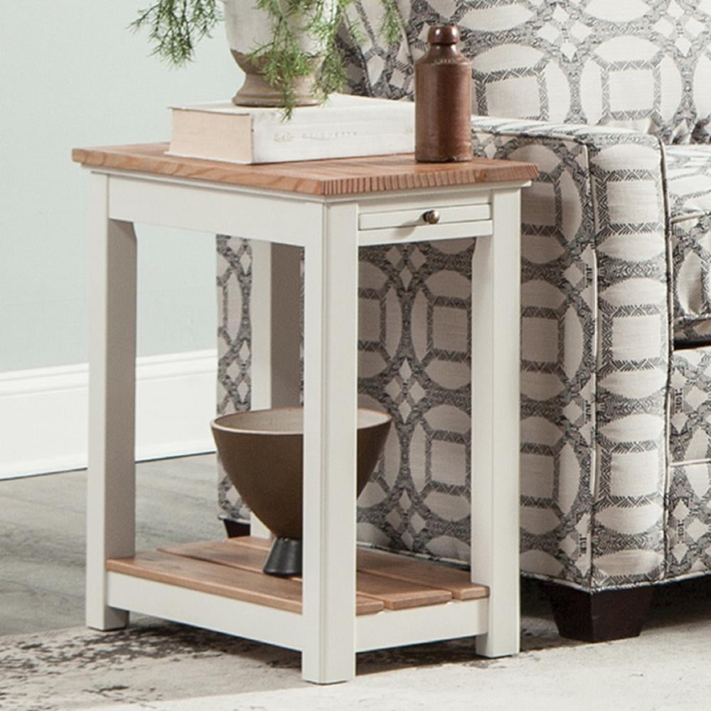 Alaterre Furniture Savannah Chairside End Table with Pull-out Shelf, Ivory with Natural Wood Top