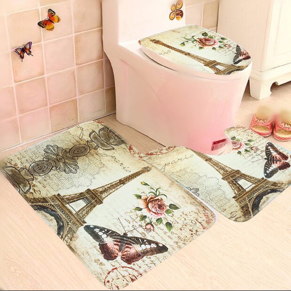 3Pcs Non-slip Soft Bath Pedestal Mat Toilet Lid Cover Carpet Bathroom Rug Decor 