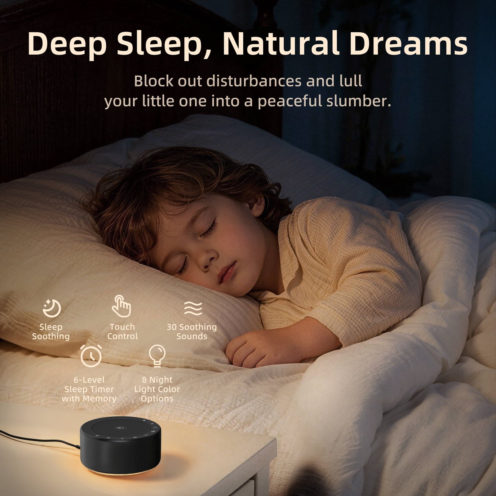 Kipcush White Noise Sound Machine with Night Light, 30 Soothing Sounds for Baby & Adults  Black