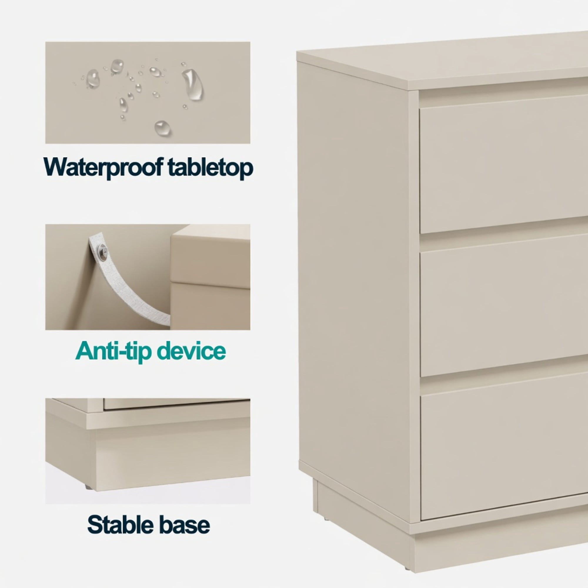 3-Drawer Nightstand, Handle-Free Modern Bedside Table with Soft Close Drawers, Water Resistant P2 MDF Storage Side Cabinet for Bedroom Small Apartment
