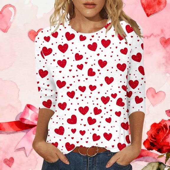 Gamivast Valentines Shirts for Women Plus Size 3/4 Sleeve Heart Graphic Cute Tops Holiday Crewneck Loose Fitted Tees Casual Tunic Streetwear Sweatshirts