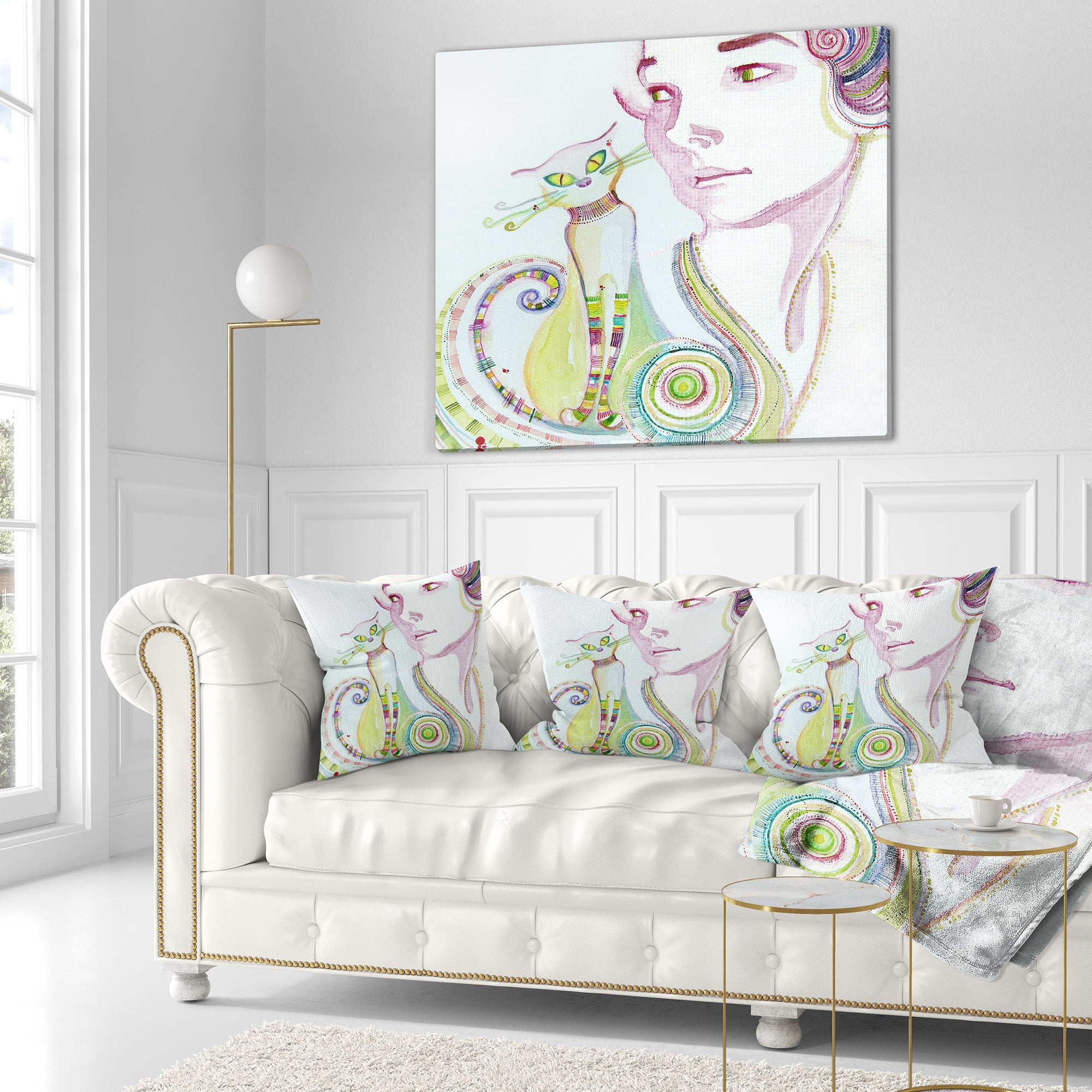 Designart Cute Girl with Cat - Abstract Portrait Throw Pillow - 18x18