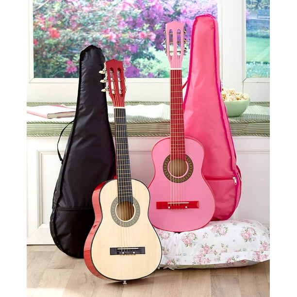 KID SIZED GENUINE WOOD GUITAR WITH STEEL STRINGS AND CARRYING CASEPINK