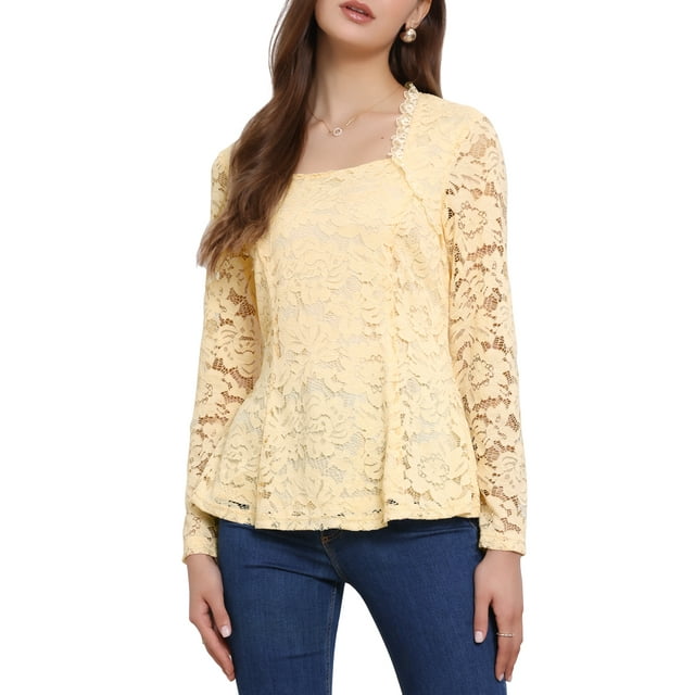 Blusas de encaje para mujeres, con cuello cuadrado, de manga larga, elegantes y casuales, blusa peplum top M en color albaricoque