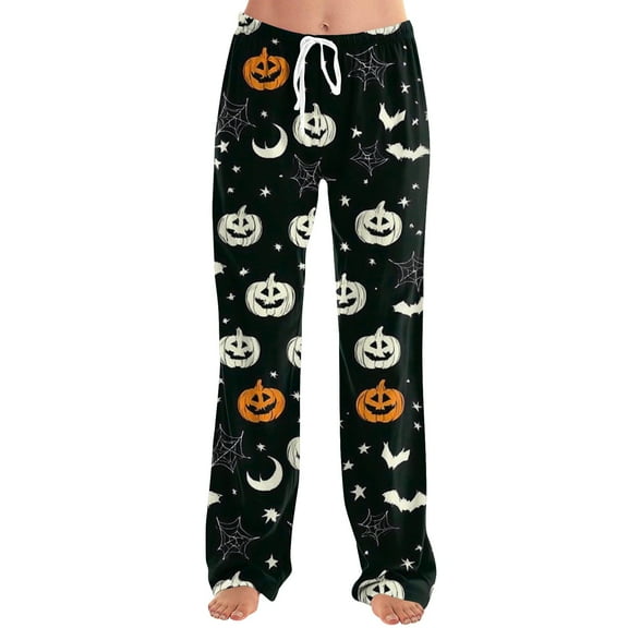 KDDYLITQ Women Halloween Pajama Pants Cute Graphic Barrel Sweat Pants Pumpkin Oversized Sweatpants Ghost Straight Wide Leg Pj Pants Lounge Comfort Loungewear Black L