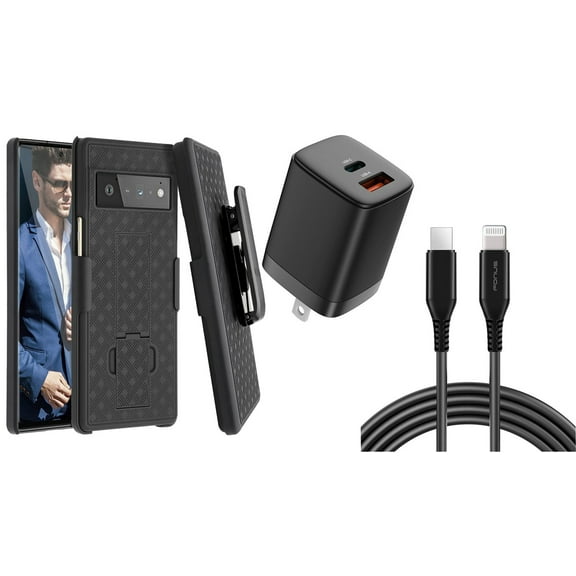 Belt Clip Case and Fast Home Charger Combo for Google Pixel 6 - Swivel Holster PD Type-C Power Adapter 6ft Long USB-C Cable Kickstand Cover 2-Port Quick Charge fits Google Pixel 6