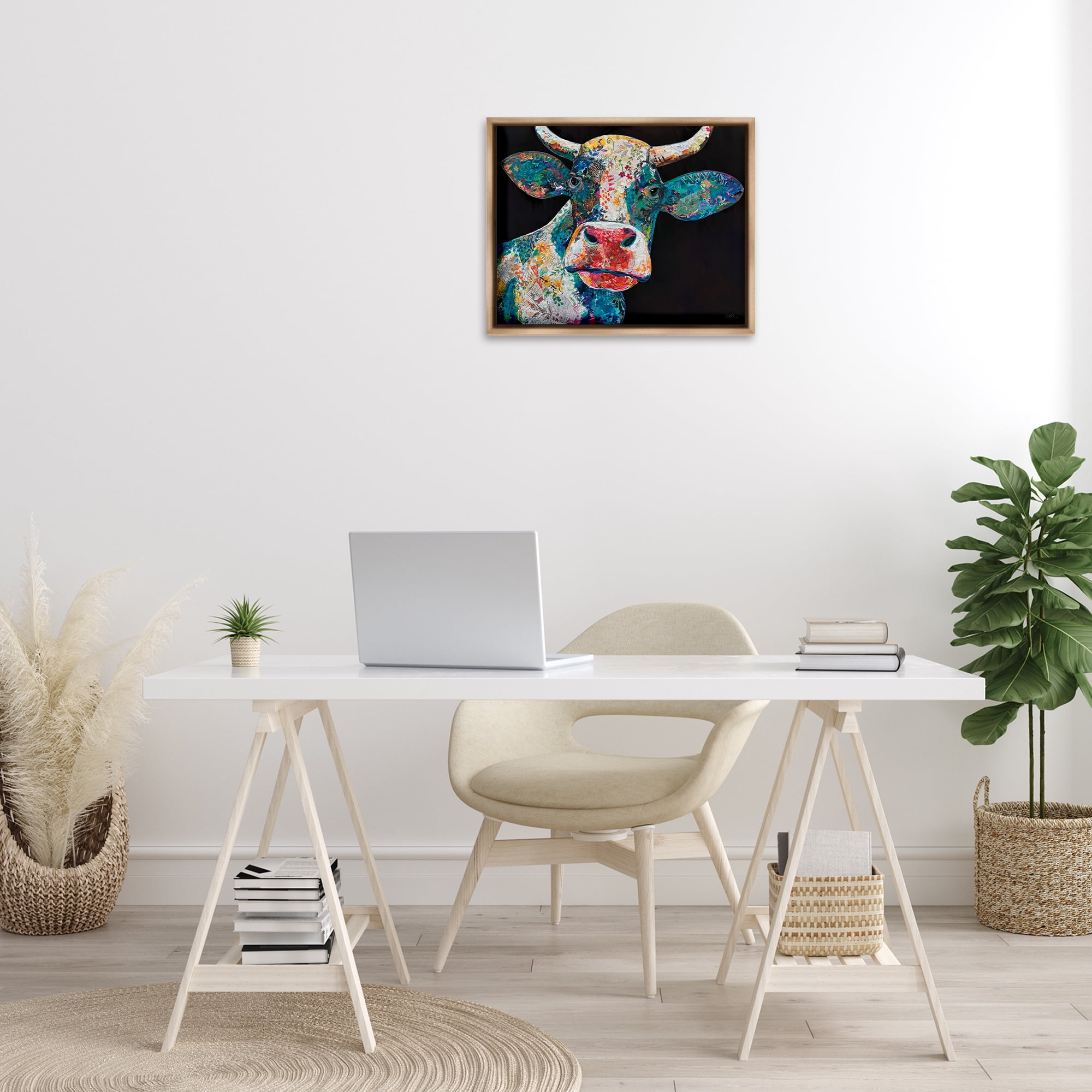 Stupell Industries Paisley Pattern Cow Animals & Insects Painting Brown Floater Framed Canvas Art Print Wall Art, 21 x 17