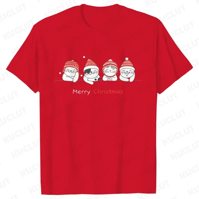Camiseta Kawaii de gato de Navidad para mujer, camiseta de manga corta Harajuku, Camisetas de moda Y2k, ropa Ulzzang para mujer