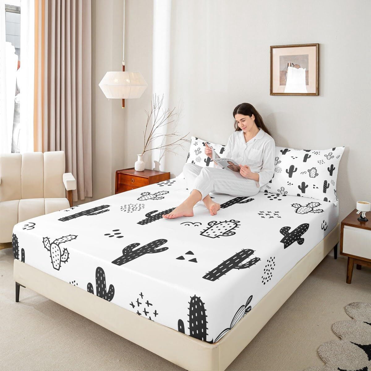 Cactus Bed Sheet Set Full Size,Cartoon Desert Plants Fitted Sheet 3pcs,Kids Boys Girls Bedroom Decor Black White Bedding Set Abstract Geometric Dot Hand Draw Bed Cover with 2 Pillowcases