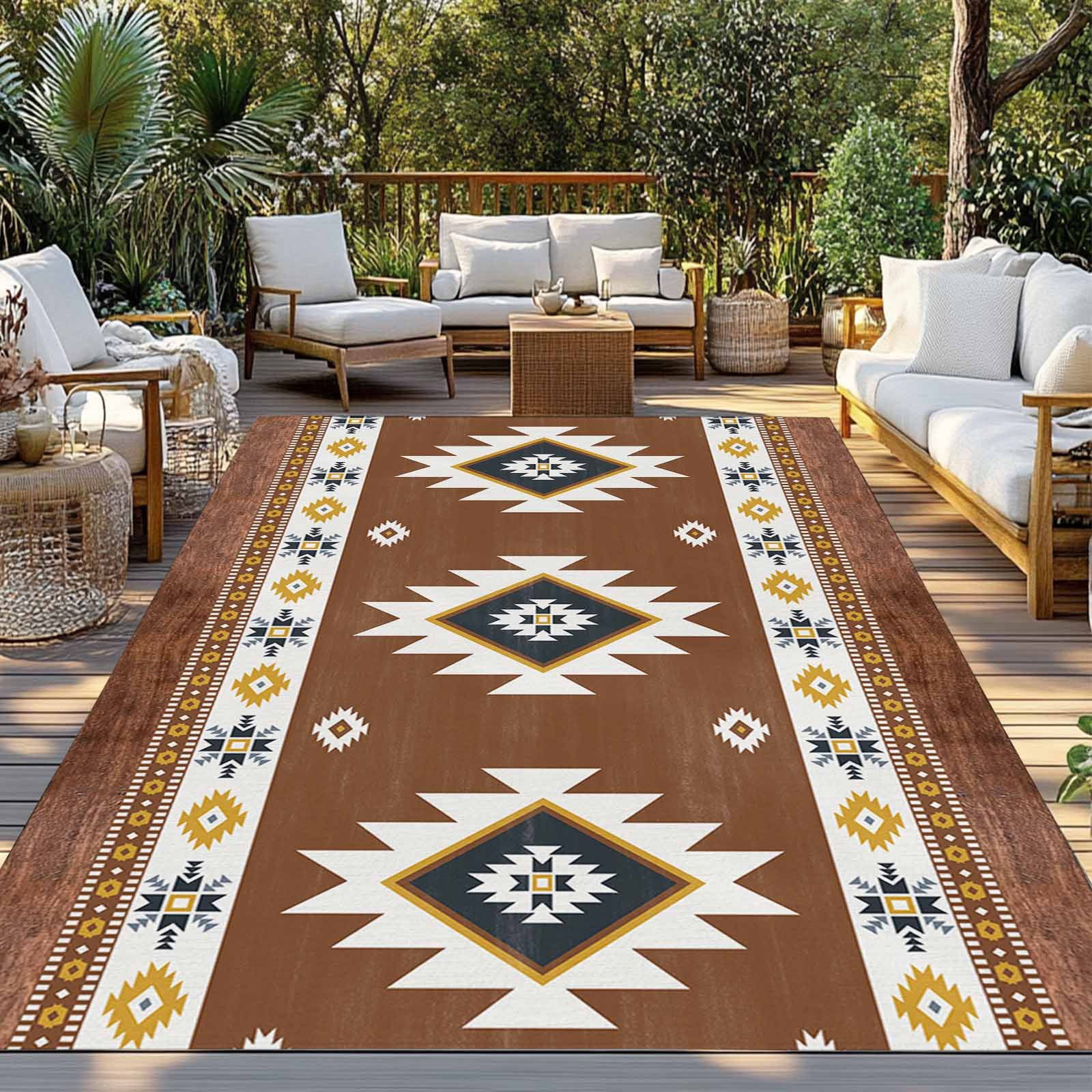 Fsddascl Southwest Outdoor Rug for Patio/Deck, Non-Slip Large Area Rug 5 x 8 Ft, Western Brown Yellow Geometric Abstract Art Wooden Indoor Outdoor Rugs Washable Area Rugs, Camping Rug Carpet
