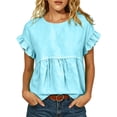 thumbnail image 2 of Dolkfu Blue Summer Tops for Women Short Sleeve Retro Crew Neck Pull-on Blouses & Tops Solid Modern Casual Sky Blue,L, 2 of 6
