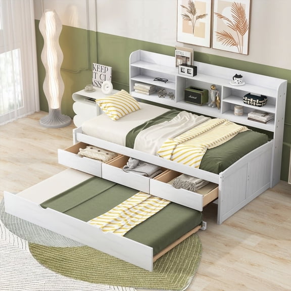 White Wash Twin Size Wooden Captain Bed with Built-in Bookshelves & Storage, Trundle Included