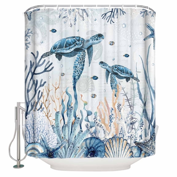 Fabric Shower Curtain, Summer Sea Turtle Ocean Coral Seaweed Starfish Shell Vintage Shower Curtains with 12 Hooks Waterproof Machine Washable Bath Curtains for Bathroom,48x 72in