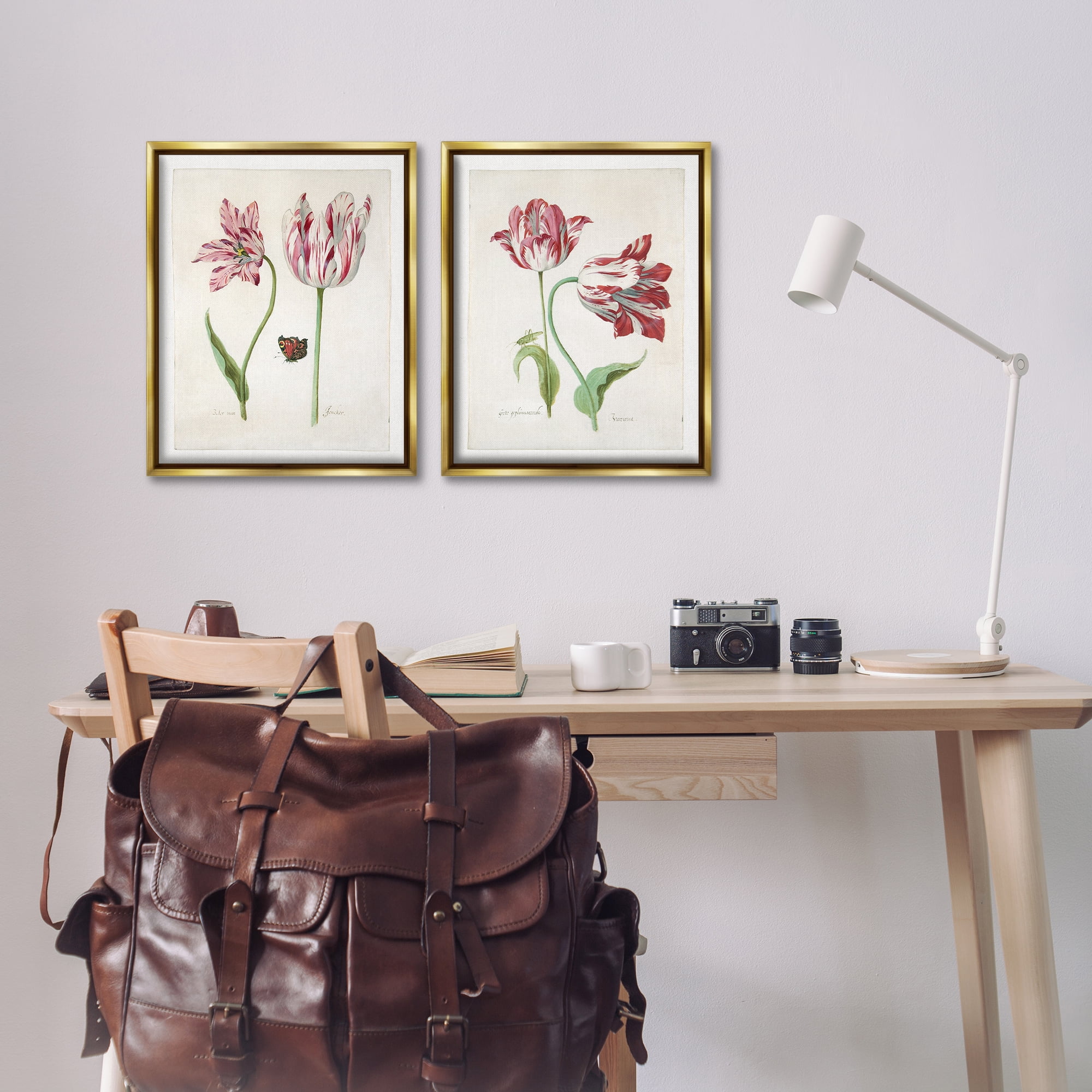 Stupell Industries Vintage Tulip & Insect Studies Floral & Botanical Painting Gold Floater Framed Canvas Art Print Wall Art, 17 x 21, Set of 2