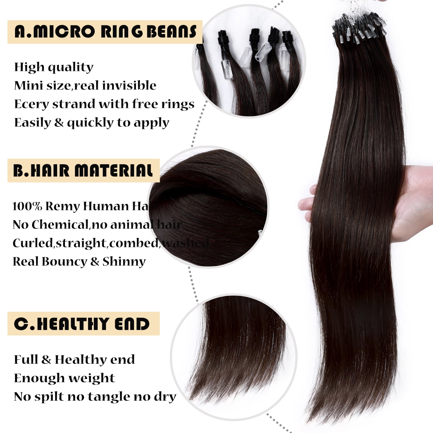 Benehair Micro Loop In Hair Bonds Russian Human Hair Extensions Micro Ring Beads 100% Remy Hair Extension Micro Link Hair 1g Thick Strands 50g Brown Soft