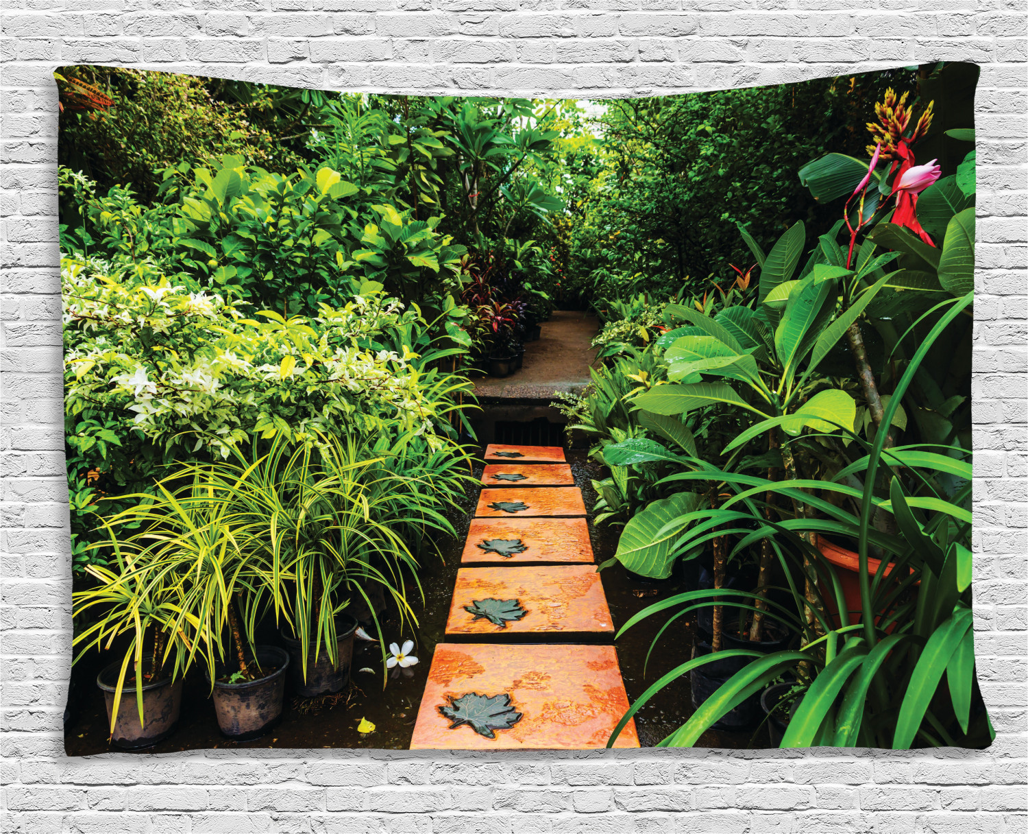 Zen Garden Tapestry, Lush Garden with Tropical Plants and Wooden Path