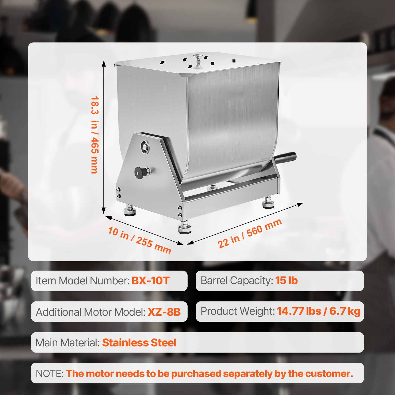 KFFKFF Hand-Operated Meat Blender, 15L Incline Container Meat Preparation Tool (Can Blend up to 15LBS of Meat), Stainless Steel Meat Blending Device, Sausage Blending Apparatus with Cover, Handle
