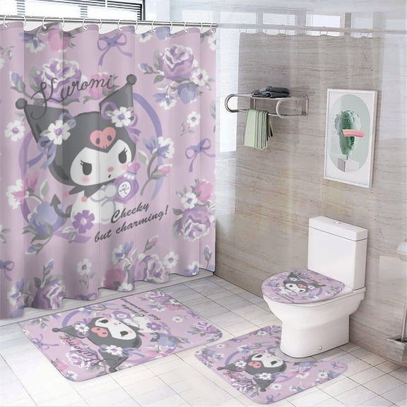 4 Piece Shower Curtain Set with Rugs Kuromi Shower Curtain Bathroom Sets Decor Waterproof